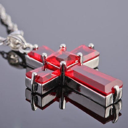 Cross Pendant with 18" Chain & Trapezoid Square Cut CZ [7 Colors Available] in White Gold Plated, Simple Modern Elegant