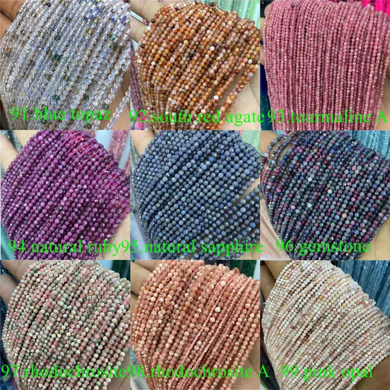 Natural 2 3 4MM Tiny Small Beads Ruby Sapphire Gemstone Beads Faceted Round Loose Beads For DIY Necklace Bracelet Jewelry Making 15.5''