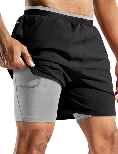Men'S 2 in 1 Running Shorts with Liner 5" Quick Dry Gym Workout Athletic Shorts with Pockets, Lightweight, Breathable