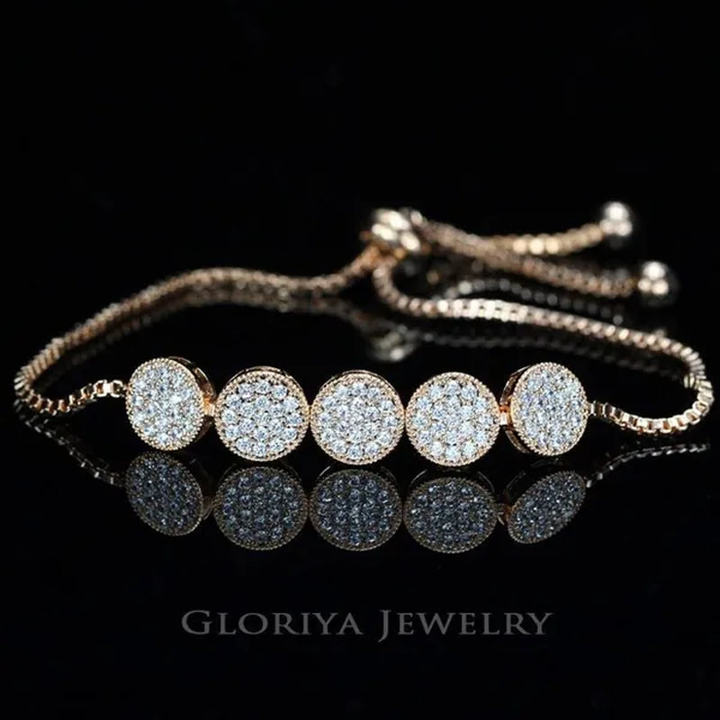 Gloriya Glitter 5 Pcs Round Shaped Full Micro Inlay Tiny CZ Zirconia Designer Bar Slider Bracelet Women Jewelry With White Gold Plated（Size :Adjustable）