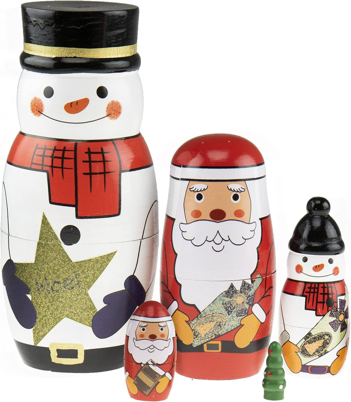 5 Pcs Handmade Wooden Russian Matryoshka Nesting Dolls Set, Traditional Christmas Home Decoration, Snowman