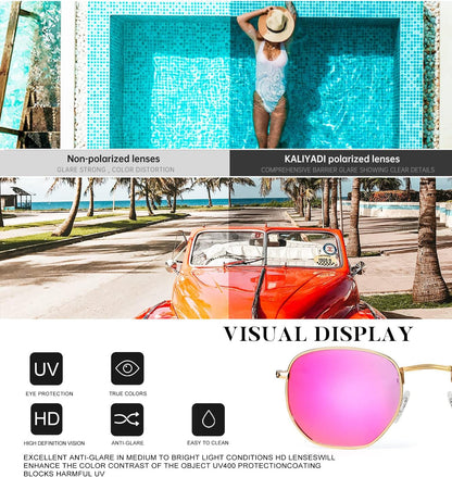 Sunglasses for Women and Men, Polarized Square UV Protection, Trendy Metal Frame Hexagon Sunglasses