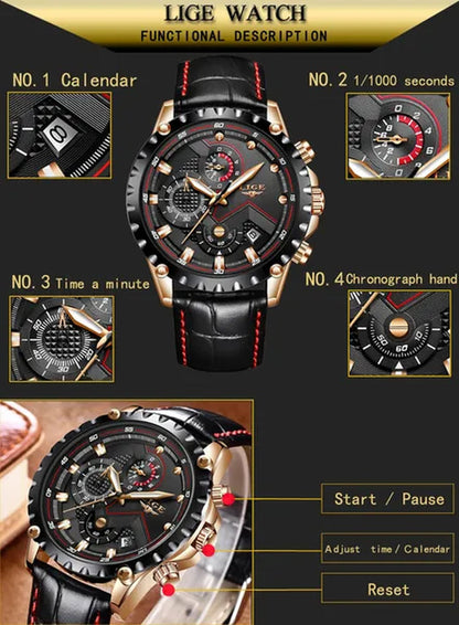 LIGE Mens Watches Top Brand Luxury Quartz Gold Watch Men Casual Leather Military Waterproof Sport Wrist Watch Male Fashion Clock
