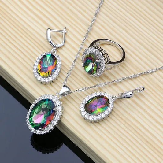 Mystic Rainbow Fire Topaz Jewelry Sets Women 925 Sterling Silver Jewelry Earrings/Pendant/Necklace/Rings/Bracelet