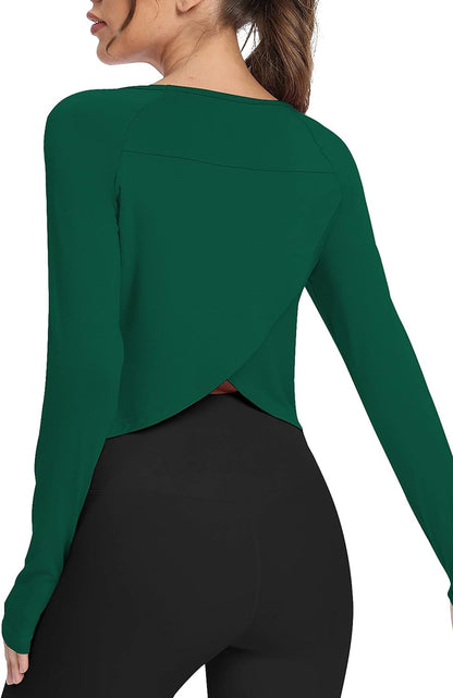 Long Sleeve Athletic Workout Shirts Sports Yoga Gym Crop Tops for Women