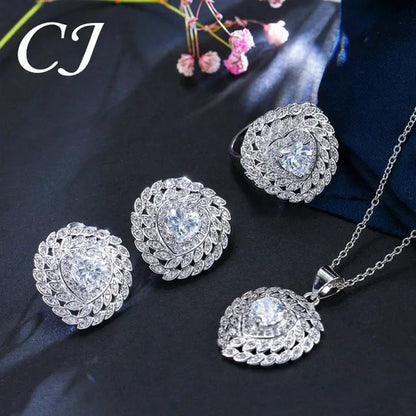CANDICE 3pcs Love Jewelry Set Micro White CZ Pave Heart Red Crystal Romantic Party Necklace Earrings Ring Sterling Silver Plated Sets for Women Girl Gifts