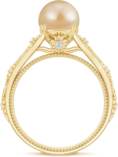 Real Golden Pearl Diamond Engagement Ring, AAA Quality, South Sea Pearl Flower Ring - Ready to Gift