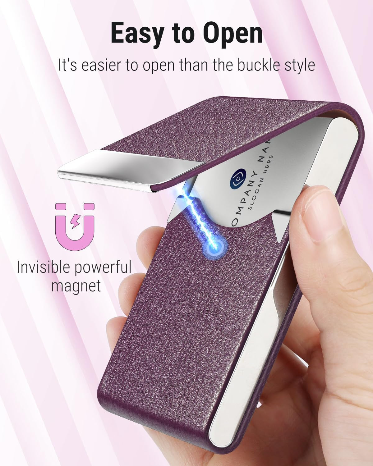Business Card Holder, PU Leather & Stainless Steel Business Card Case for Men or Women, Slim Name Cards Holder RFID Blocking Credit Cards Carrier with Magnetic Closure, Purple