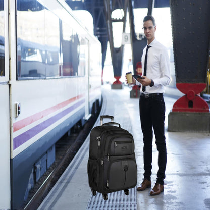 Rolling Backpack with 4 Wheels, 17 Inch Roller Travel Laptop Backpack for Women Men, Large Water Resistant Business Wheeled Bag, Airline Approved Carry on Luggage Suitcase Bag, Black