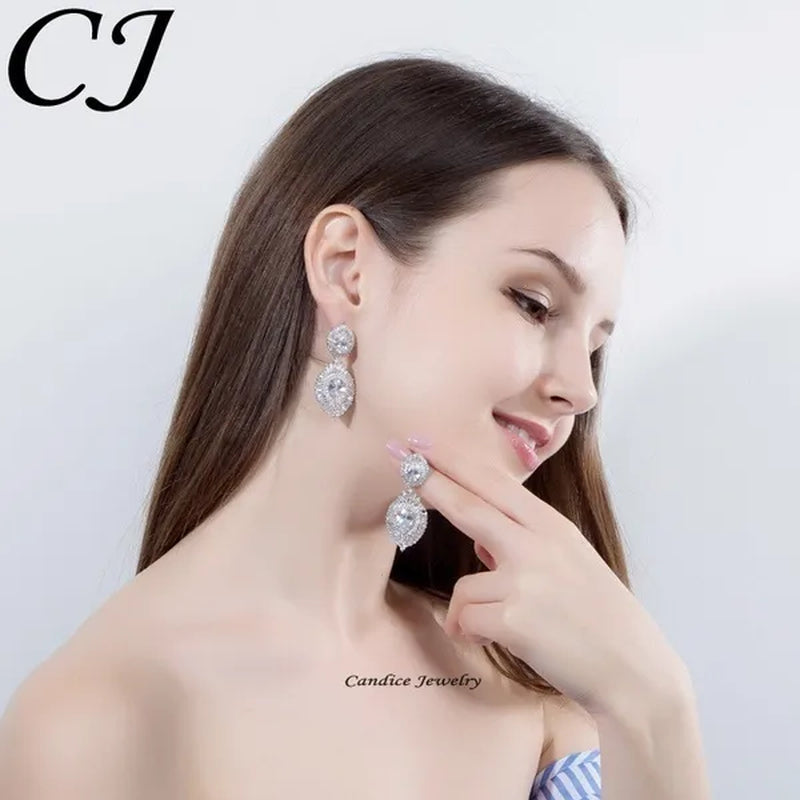 CANDICE Luxury Jewelry 18K Platinum Plated Double Large Water Drop Cubic Zirconia Crystal Long Dangle Earrings For Wedding Gift