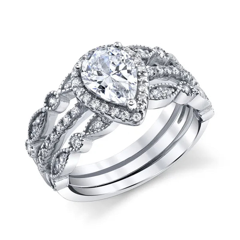 1.32Ct Sterling Silver 3Pc Pear Shape Bridal Set Engagement Wedding Ring CZ