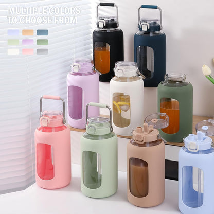 84Oz Water Bottle Glass with Stainless Steel Handle Large Water Bottle with Time Markers and Silicone Sleeve Half Gallon Water Jug BPA Free for Gym Daily Use, Light Green
