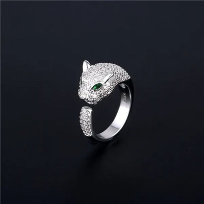 Fashion Rings Personality 925 Sterling Silver Plated Jaguar Rings with Green Rhinestone Eyes Animal