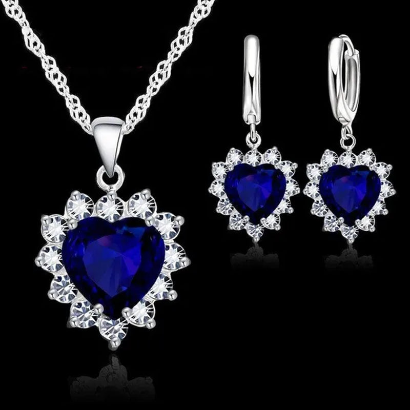 Trendy 925 Sterling Silver Jewelry Set for Women Heart CZ Stone Charm Pendants Necklaces Earrings LOVE Anniversary Gift