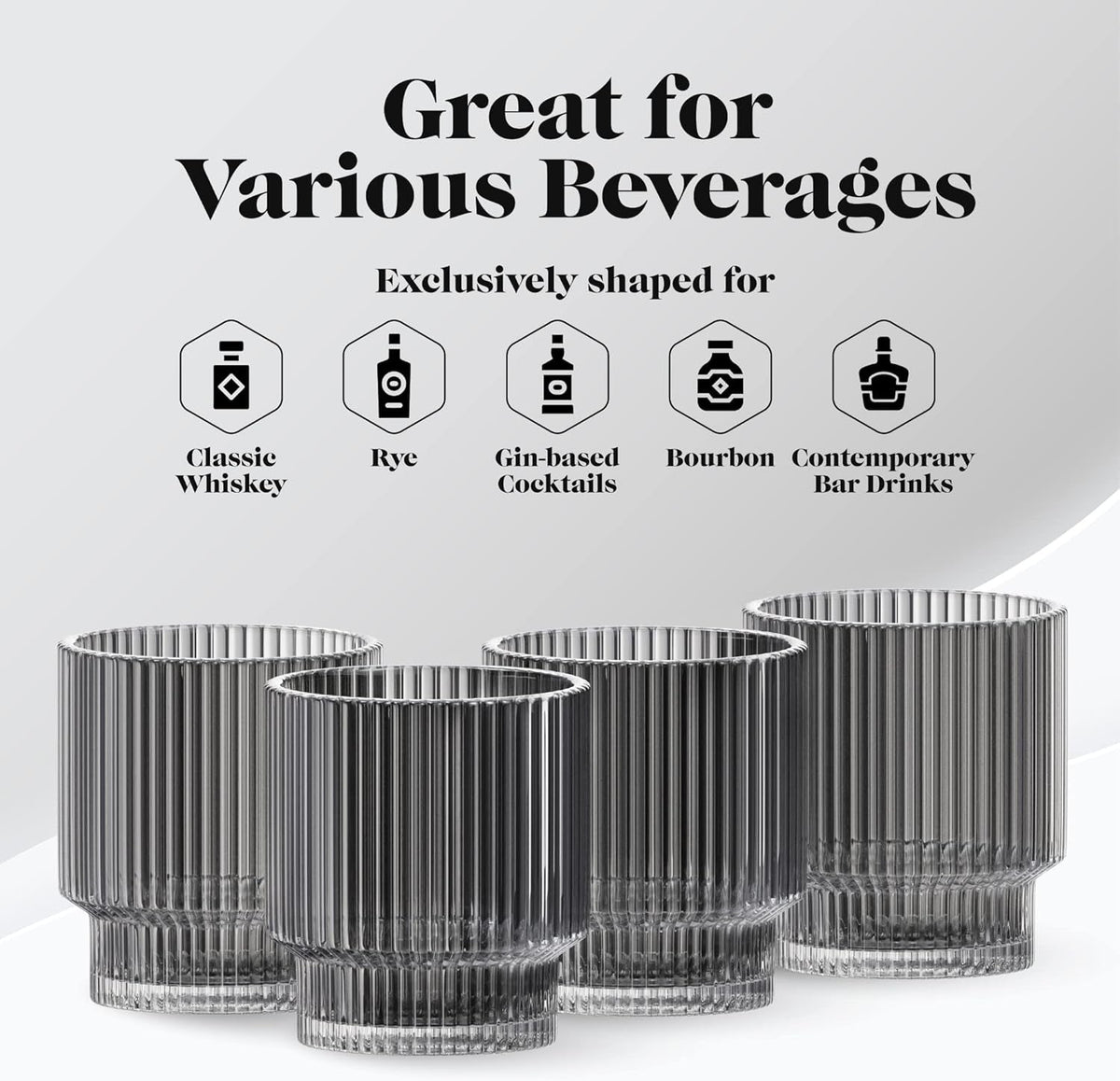Vintage Art Deco Fluted Drinking Glasses, Set of 4 Modern Kitchen Glassware Set | Old Fashion Tumbler for Cocktails and Water | Ribbed Lowball Glass Cup for Whiskey (Smoke Grey)