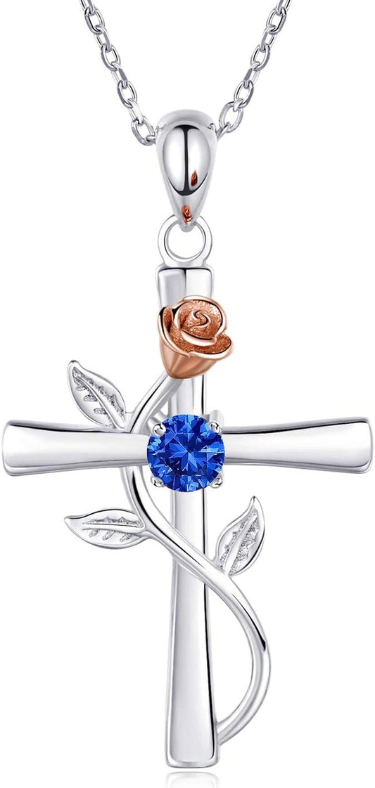Cross Necklace for Women 925 Sterling Silver Birthstone Necklace for Womens Cross Pendant 5A Cubic Zirconia 12 Birth Months Birthday Gifts for Women Wife Her