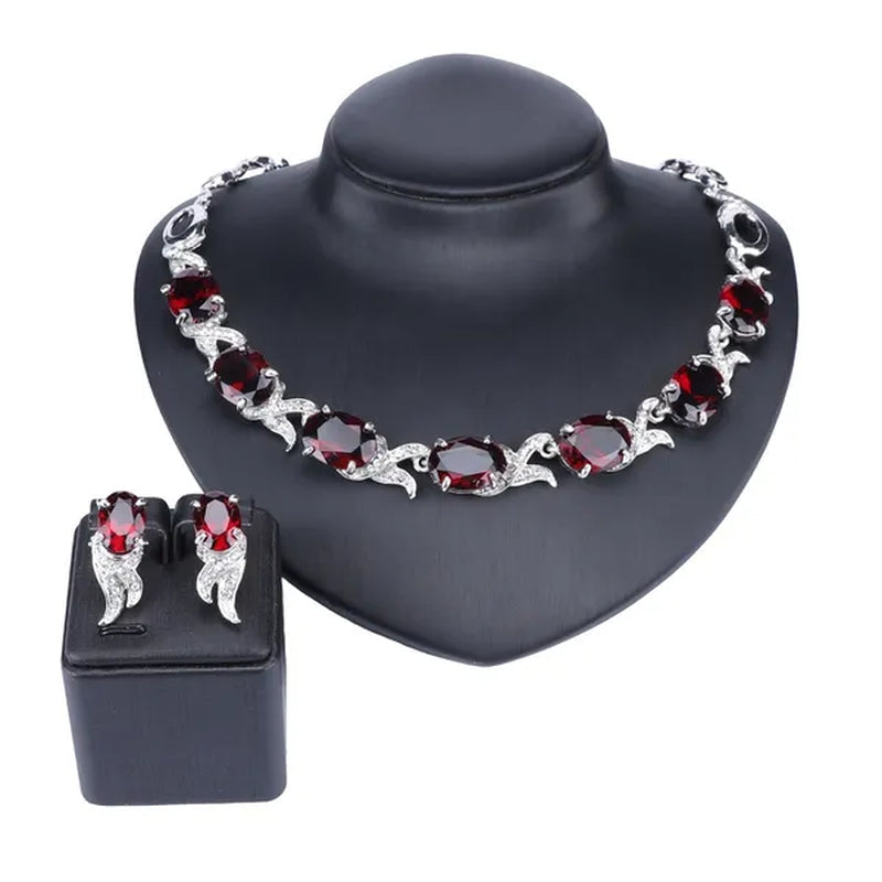 Fashion Women Zircon Rhinestone Necklace Earring Silver Plated Wedding Party Dress Jewelry Sets