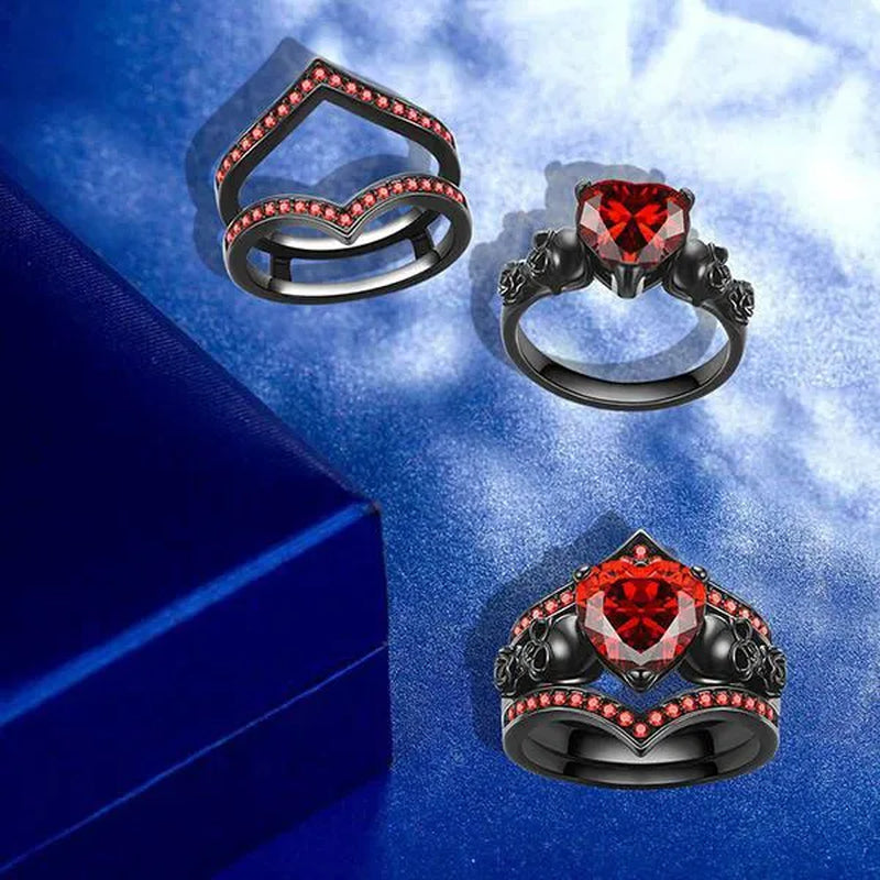 Gothic Black Rose Flower Skull Engagement Rings Set Red Purple Heart-shaped Zircon Crystal Wedding Anniversary Holiday Gift Jewelry Halloween Gifts
