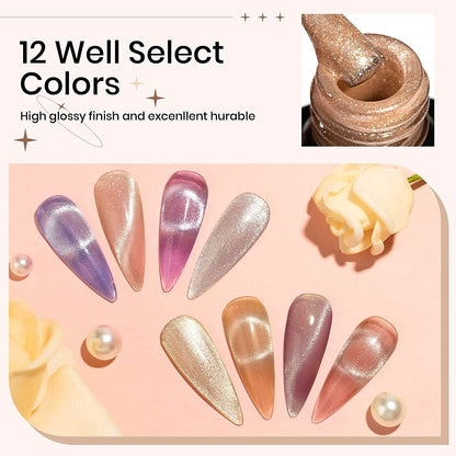 Magnetic Cat Eye Gel Nail Polish Set, 12 Colors 9D Cateye Nail Gel Polish Holographic Glitter Magnetic Gel Polish Soak Off Lamp Gel Nail Art Manicure Kit