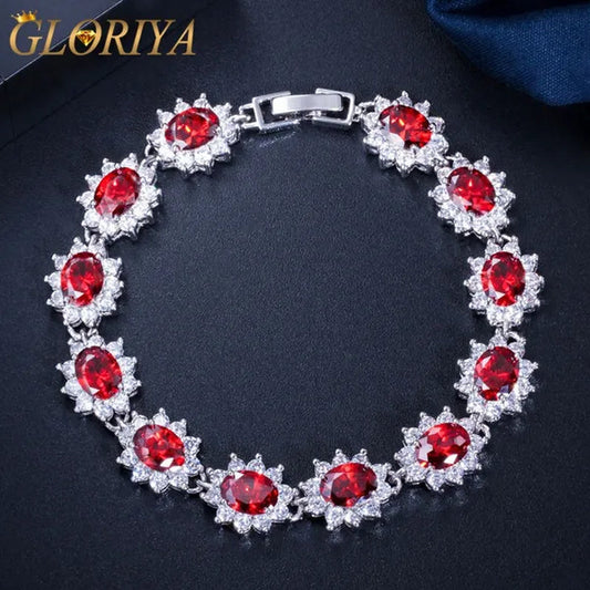 GLORIYA Summer New Bracelets Bangles for Women Red Cubic Zirconia Stone 925 Sterling Silver Plated Fashion Style Jewelry（Size :18 cm）