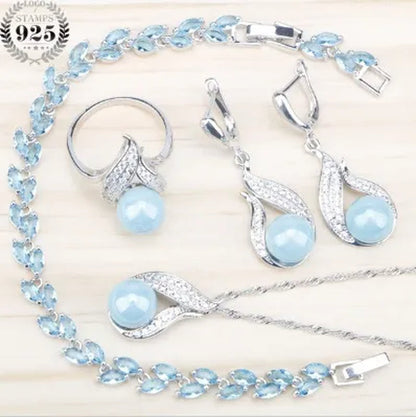Elegant Lady Ring Earrings Bracelet Necklace 925 Silver Jewelry Set Exquisite Wheat Ear Sky Blue Gem Pearl Party Jewelry Wedding Engagement Set Jewelry Anniversary Gift Ring Size 5-11