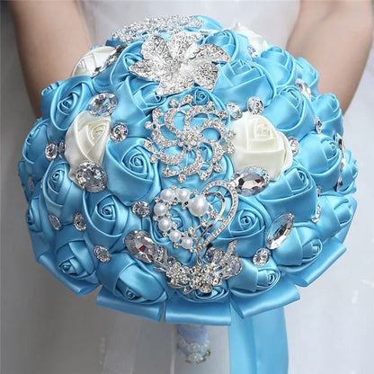 18cm Brooches Bridal Wedding Bouquet Lake Blue Ivory Sation Rose Flowers Decoration Wedding Accessories Ramos De Novia Bridesmaid Holding Bouquets