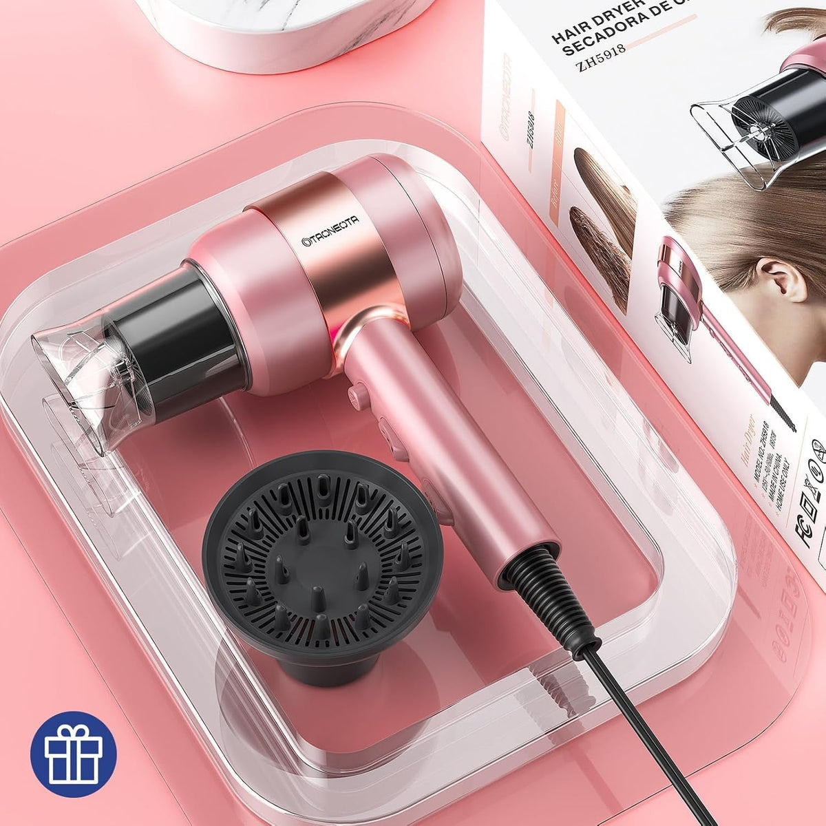 Professional Ionic Blow Dryer with Diffuser and Nozzle - 1875W Compact Dryer for Curly/Straight Hair Fast Drying, Lightweight for Home Salon Travel