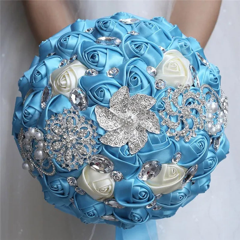 18cm Brooches Bridal Wedding Bouquet Lake Blue Ivory Sation Rose Flowers Decoration Wedding Accessories Ramos De Novia Bridesmaid Holding Bouquets