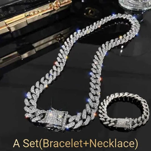A Set(Bracelet+Necklace) 13MM Width Cuban Link Chain Gold Silver Plated Bling Miami Cuban Necklace Bracelet Diamond Chain for Fashion Men and Women Iced Out Hip Hop Jewelry Set