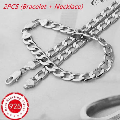 2PCS (Bracelet + Necklace) 925 Sterling Silver Fashion Jewelry Sets Curb Chain Necklace 925 Solid Silver Jewelry High Quality Necklace Bracelet 16-30 Inches