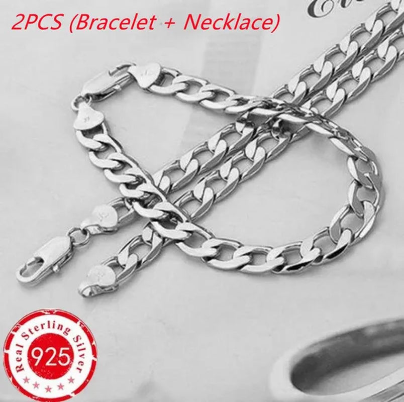 2PCS (Bracelet + Necklace) 925 Sterling Silver Fashion Jewelry Sets Curb Chain Necklace 925 Solid Silver Jewelry High Quality Necklace Bracelet 16-30 Inches