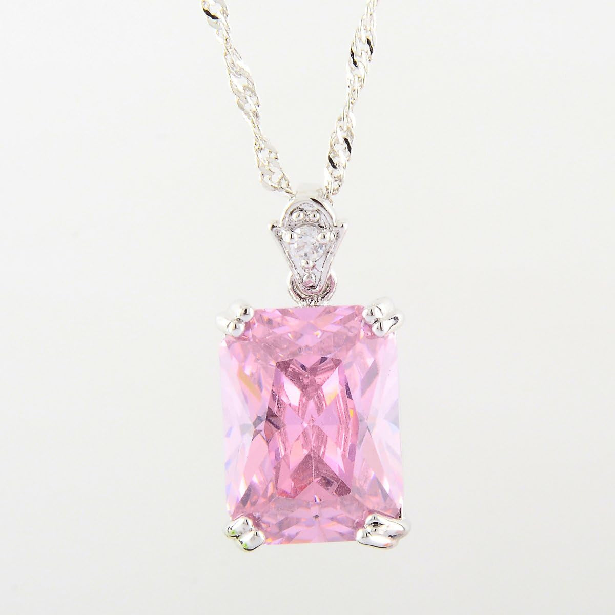 Pendant with 18" Chain & Rectangular Cut CZ [5 Colors Available] in White Gold Plated, Simple Modern Elegant