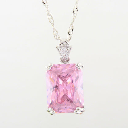 Pendant with 18" Chain & Rectangular Cut CZ [5 Colors Available] in White Gold Plated, Simple Modern Elegant
