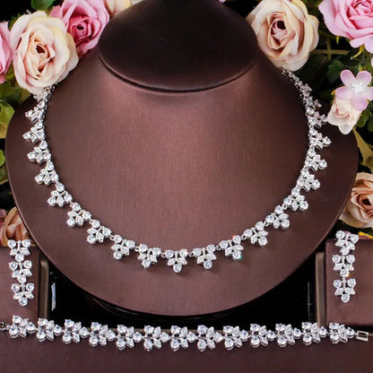 CANDICE Prom Party 3Pcs Jewelry Set Pave Blue Cubic Zircon Leaf Flower Charm Necklace Earrings and Bracelet for Ladies
