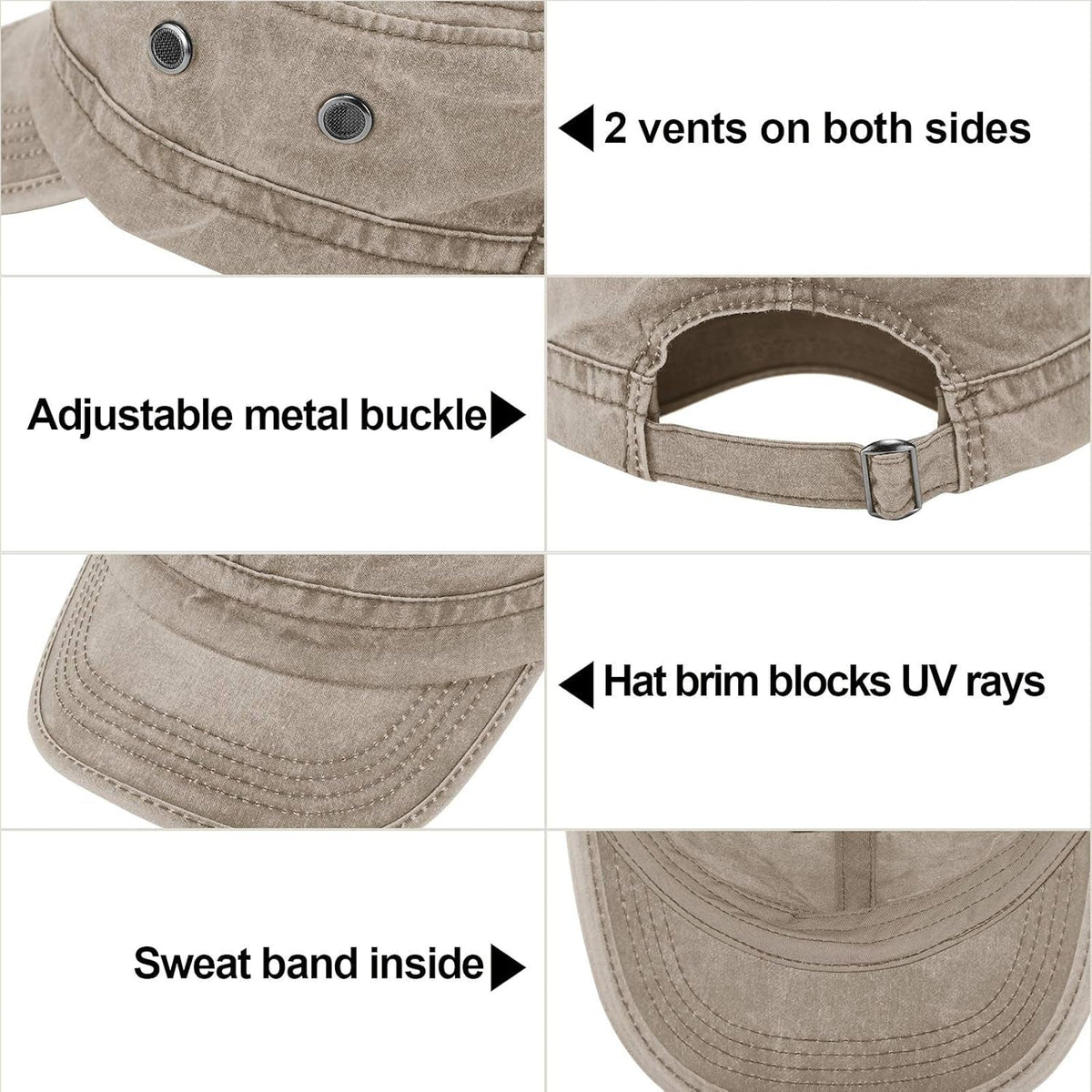 3 Pieces Cadet Army Cotton Caps Washed Military for Flat Top Caps Adjustable Military Style Hat Unisex