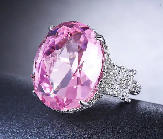 Huge  Natural Gemstones Silver Ellipse Pink Sapphire Wedding Birthstone Bride Flower Jewelry Size 5 6 7 8 9 10