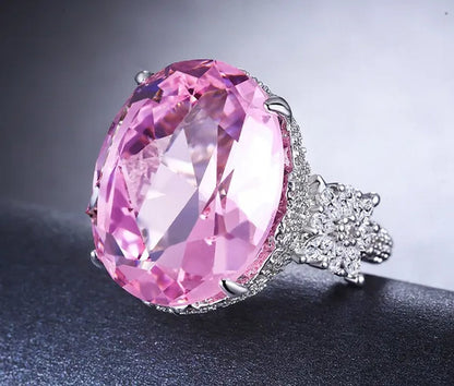 Huge  Natural Gemstones Silver Ellipse Pink Sapphire Wedding Birthstone Bride Flower Jewelry Size 5 6 7 8 9 10