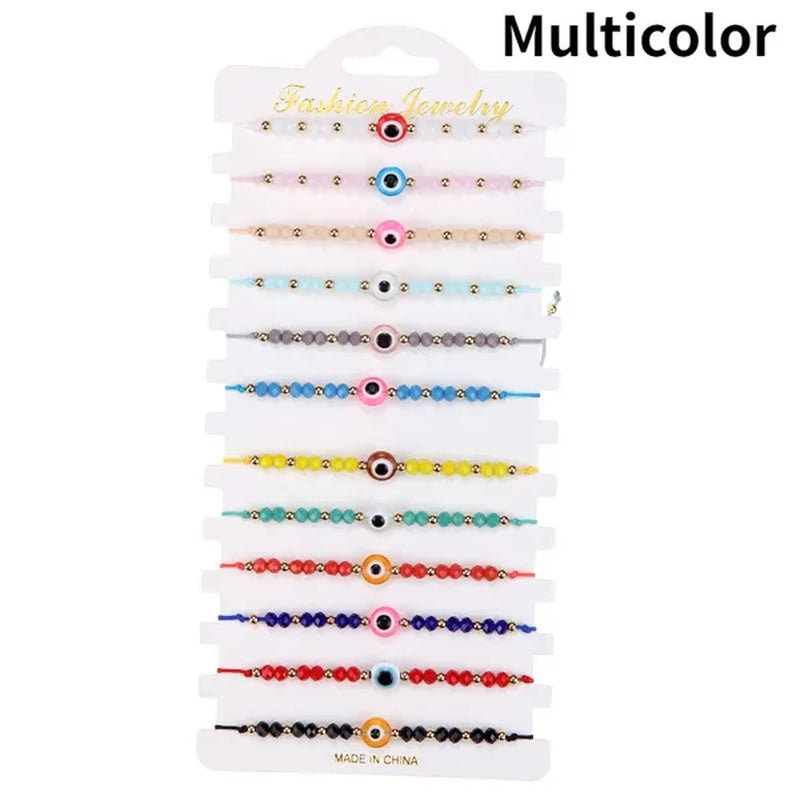 12 Pcs/Lot Fashion Colorful Evil Eye Beaded Bracelets Handmade Braided Adjustable Yoga Bracelet for Women Men Jewelry