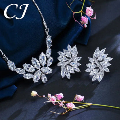 CANDICE Gorgeous Luxury Zirconia Wedding Jewelry Set Elegant Marquise CZ Big Flower Pendant Necklace Stud Earrings Bracelet for Bridal
