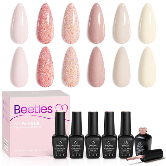 Beetles Gel Nail Polish 6 Colors, Pink Champagne Glitter Gel Nail Kit Old Money Collection Nude Pink Cream Color Soak off UV LED Nail Polish Manicure Kit for Women Girls