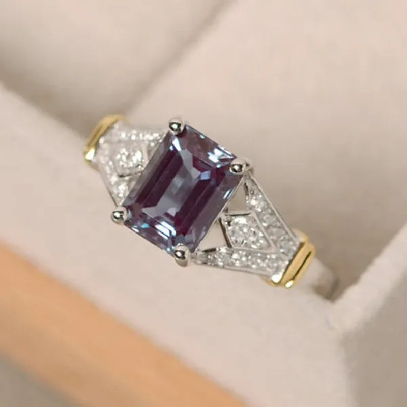 Dazzling Natural Alexandrite Diamond & Aquamarine Two Tone 925 Sterling Silver Engagement Wedding Ring for Women