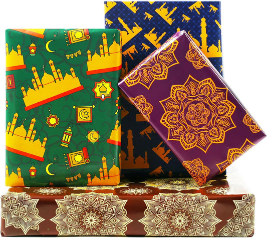 8 Sheets Eid Gift Wrapping Paper, 4 Designs Ramadan Wrapping Paper, Moon Mosque Eid Mubarak Folded Flat 20X28 Inches Gift Wrap for Kids Islam Ramadan Holiday Party Celebration Decorations