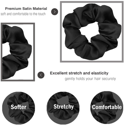 Scrunchies for Hair Sleep, Premium Satin Soft than Silk for Women Curly Hair, Cute Bands Ties for Girls Thin | Thick Hair Styling, 12 Pack, Black