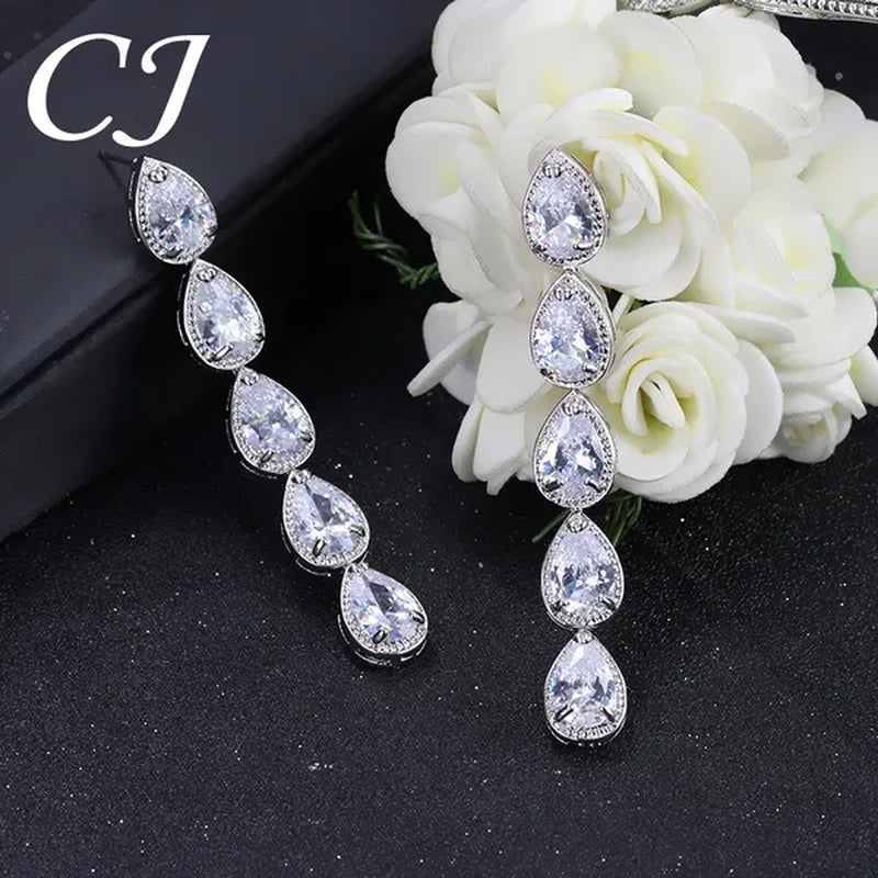 Candice High Quality Long Dangling Earrings Connect 5 Pcs Water Drop AAA CZ Zirconia White Gold Plated Luxury Wedding Ear Jewelry for Bridal Accessorise
