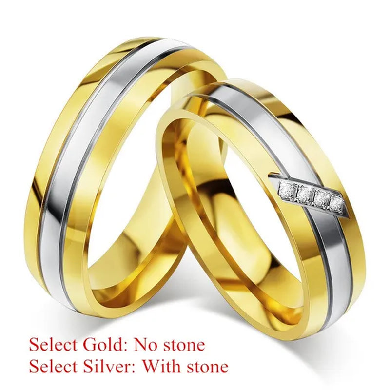 18k Gold Plated Silver Stripe CZ Wedding Band Engagement Promise Ring Men/Women's Stainless Steel Jewelry