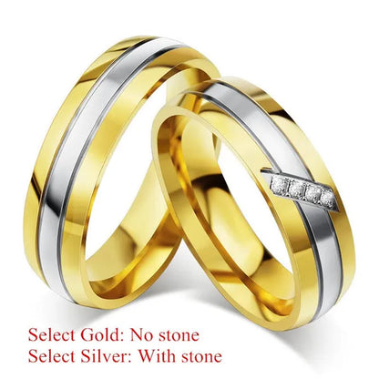 18k Gold Plated Silver Stripe CZ Wedding Band Engagement Promise Ring Men/Women's Stainless Steel Jewelry