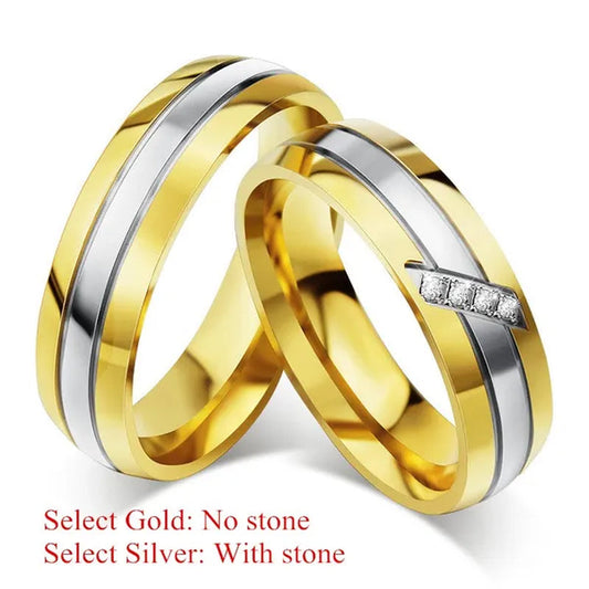18k Gold Plated Silver Stripe CZ Wedding Band Engagement Promise Ring Men/Women's Stainless Steel Jewelry