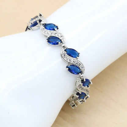 Royal Blue Stones Silver Color Jewelry Sets for Women Necklace Earrings Bracelet Ring Bridal Birthday Gift