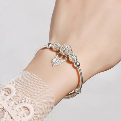 NEW 925 Sterling Silver Dreamcatcher Tassel Feather Round Bead Charm Bracelet & Bangle Earrings for Women Elegant Jewelry Set Gifts