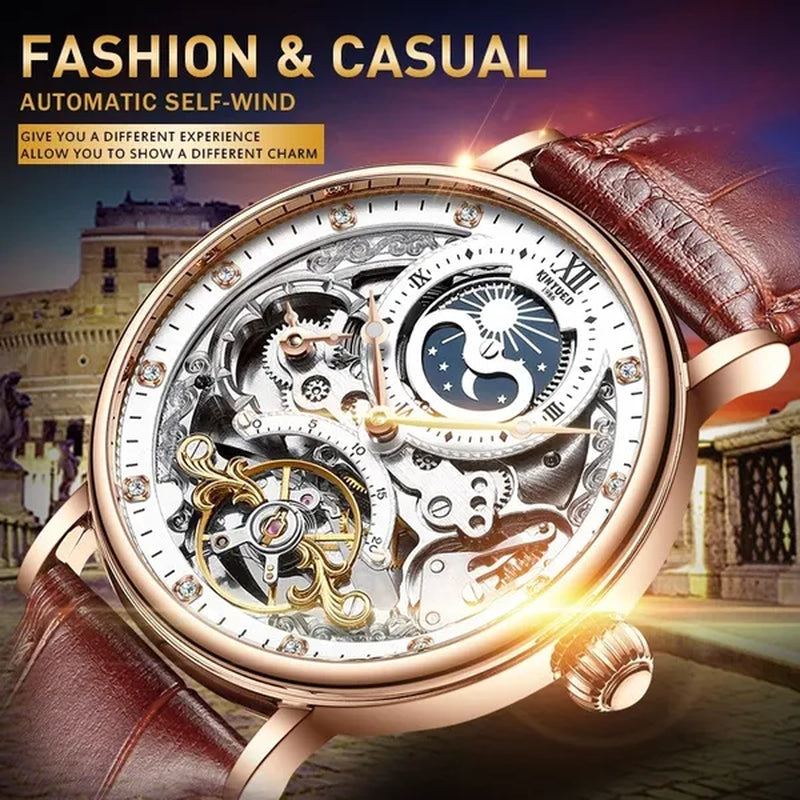 KINYUED Mechanical Automatic Watch Men Tourbillon Wristwatch Sports Clock Mechanism Self Winding Watches Casual Moon horloge man watches